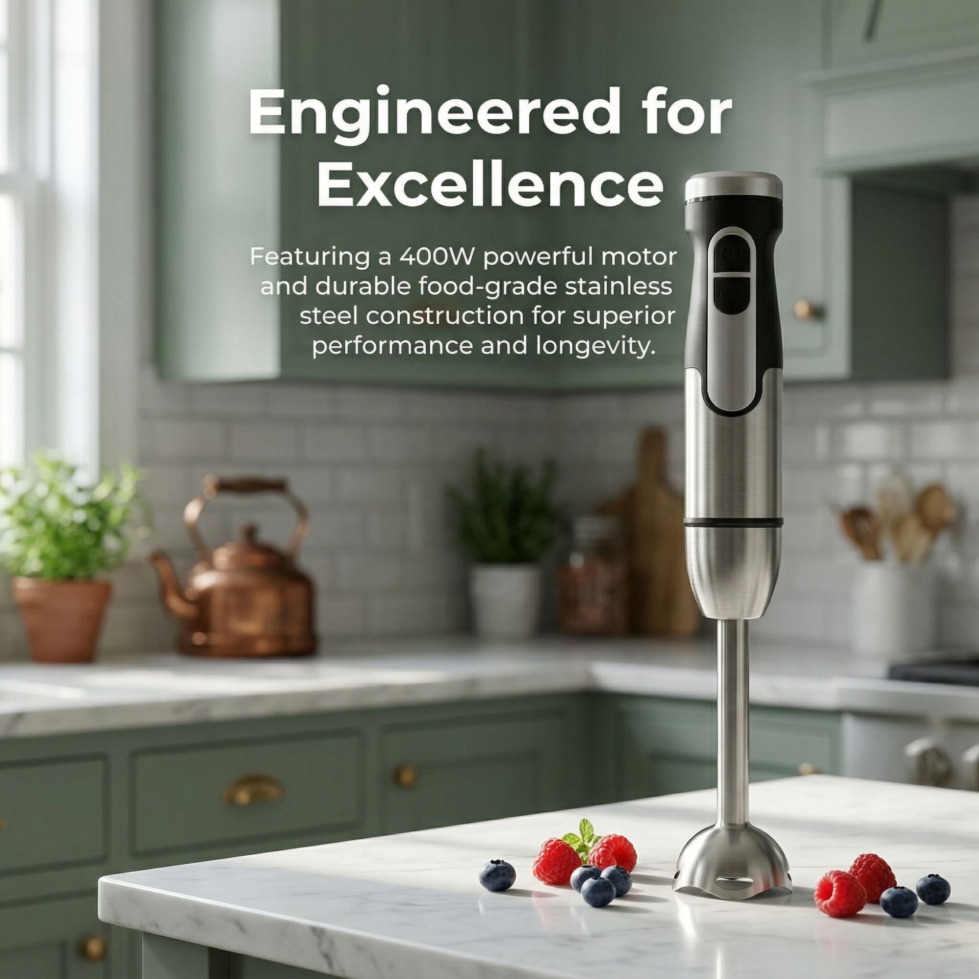 4-in-1 Multifunctional Hand Blender with 304 Stainless Steel Immersion Stick, Chopper Bowl, Whisk Attachment and Measuring Cup for Smoothies, Baby Food, Soups, Cream and Egg Whisking, and Vegetable Chopping in Home Kitchen (5-in-1)
