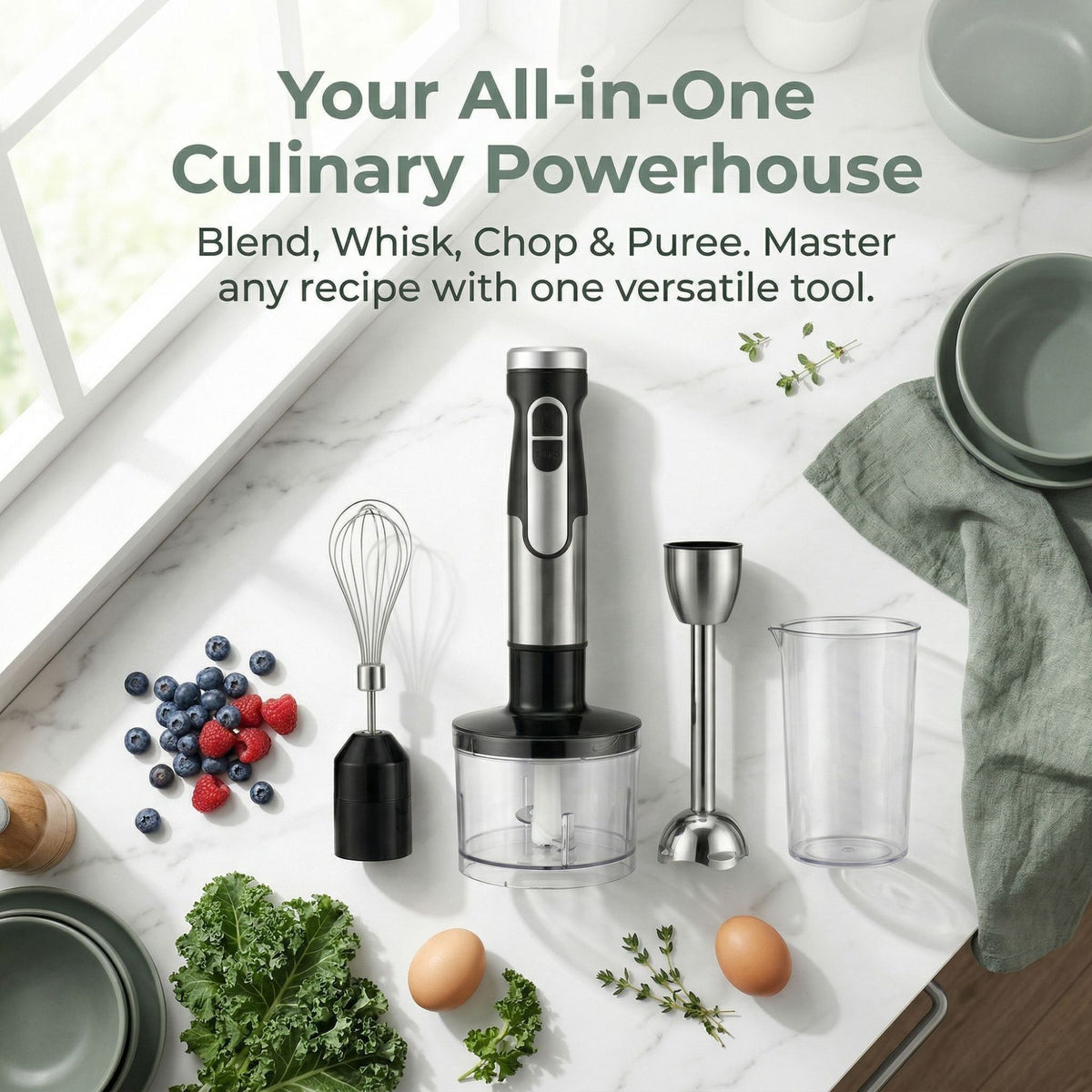 4-in-1 Multifunctional Hand Blender with 304 Stainless Steel Immersion Stick, Chopper Bowl, Whisk Attachment and Measuring Cup for Smoothies, Baby Food, Soups, Cream and Egg Whisking, and Vegetable Chopping in Home Kitchen (5-in-1)