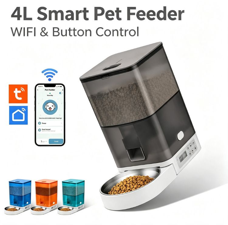 Smart Pet Feeder with WiFi and Button Control, 4L Automatic Cat and Dog Food Dispenser with Removable Stainless Steel Bowl, Ideal for Busy Owners, Travel, and Home Use (Blue, WIFI Version)