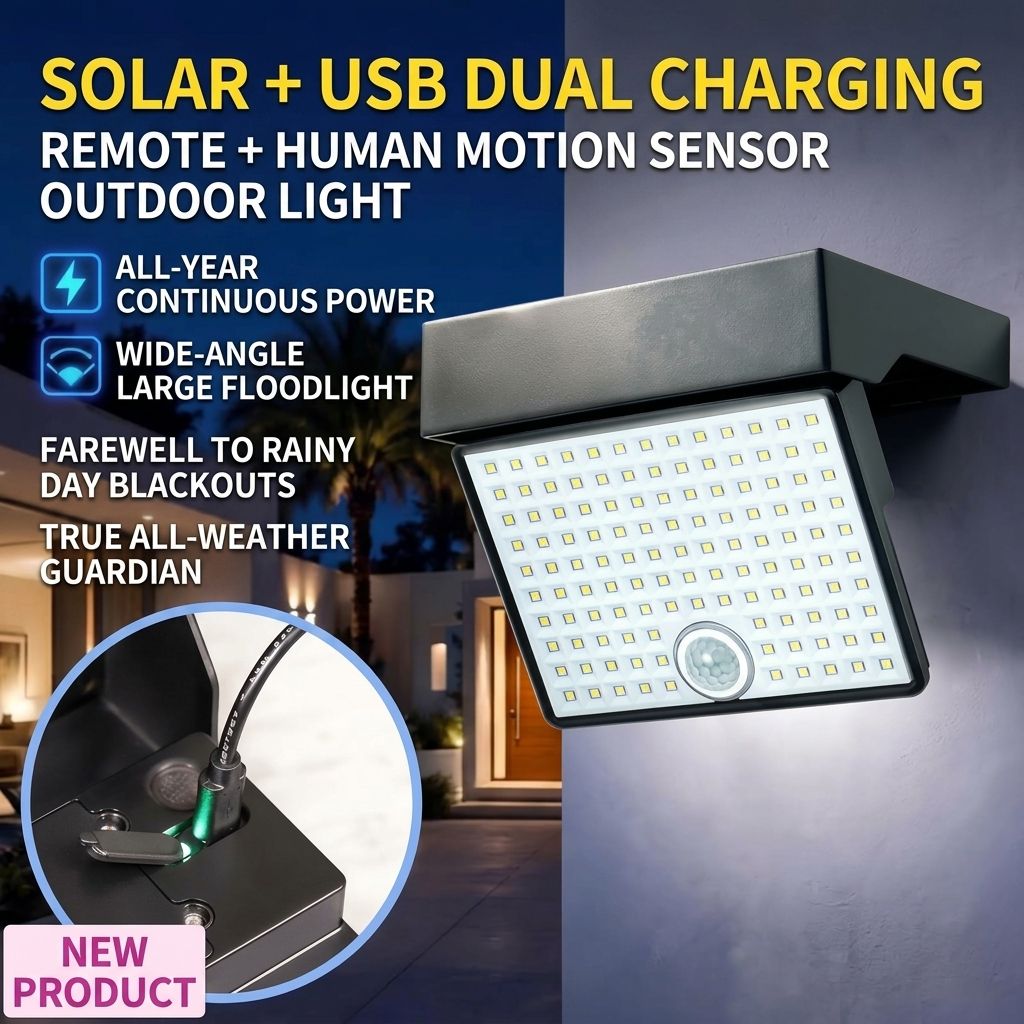 Solar Powered Outdoor LED Floodlight with Remote Control and Motion Sensor, Dual Charging via Solar and USB, Weatherproof Wall Light for Driveway Garden Patio, Choice of 6000K Daylight or 3000K Warm Glow (6000K White，2PCS)