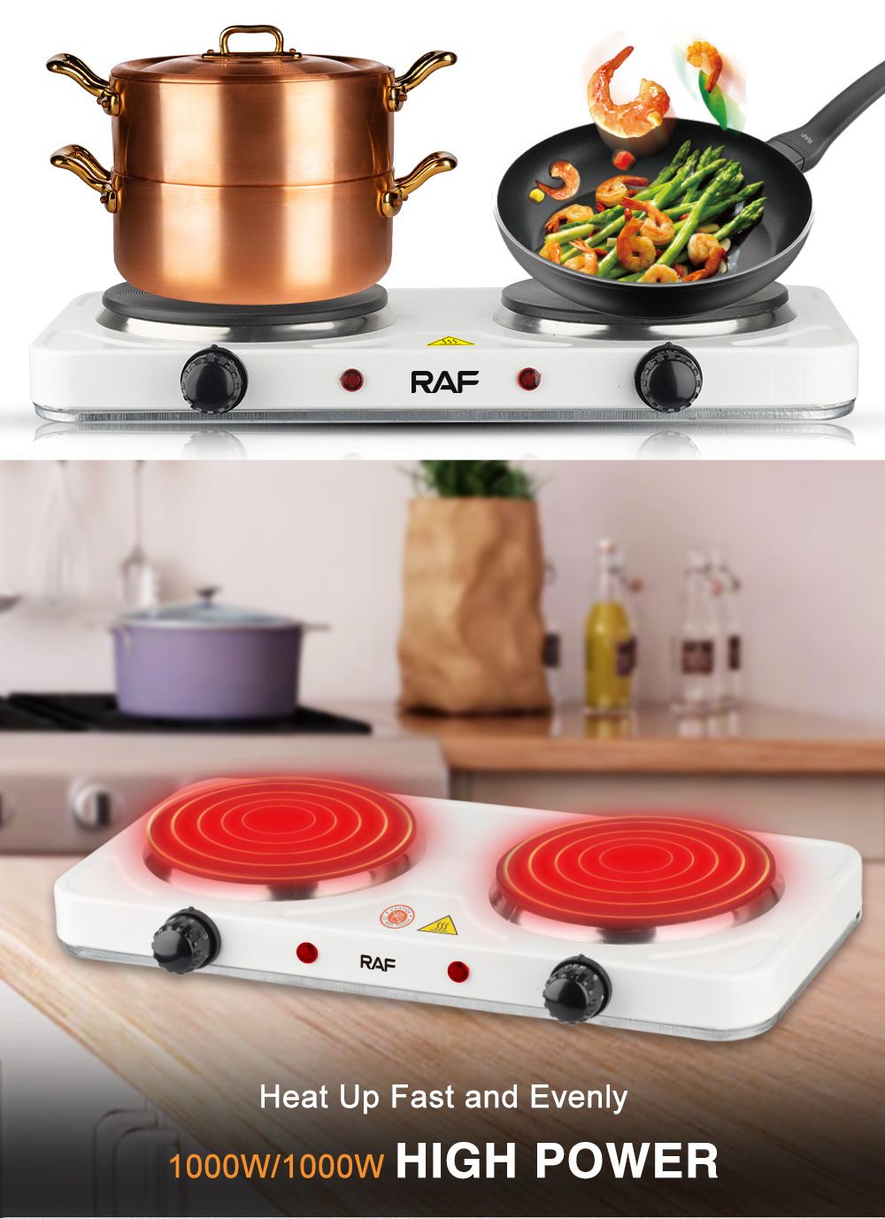 Double Burner Electric Ceramic Cooktop 2000W Countertop Hot Plate with 5-Level Temperature Control, Portable Dual Stove for Home Kitchen Cooking, Frying, Steaming, Boiling, Roasting and Daily Meal Preparation (Black)