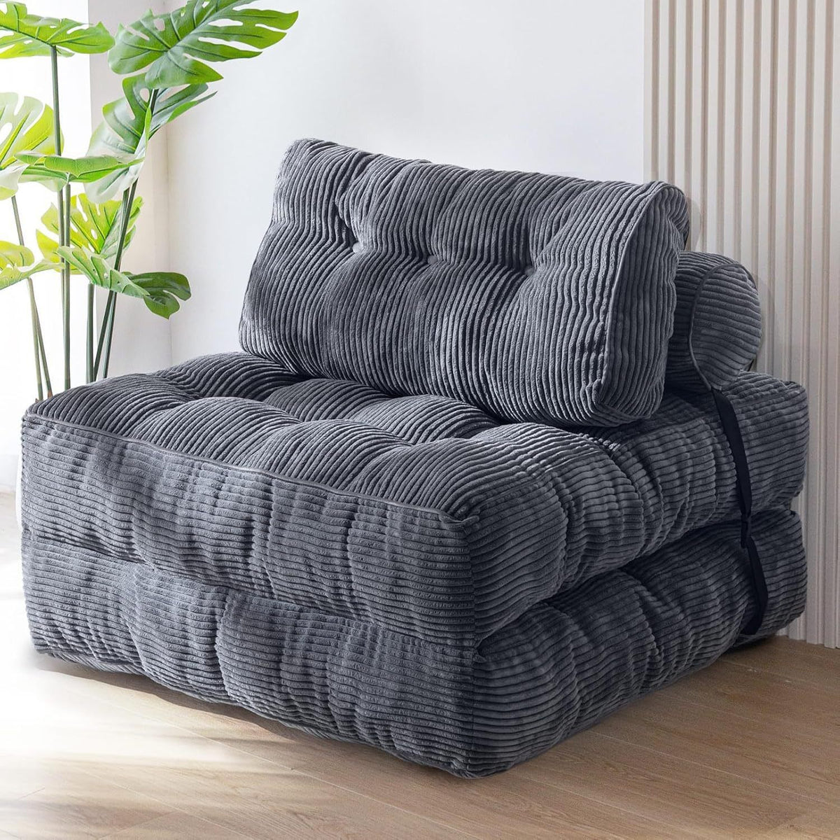 Convertible Folding Sofa Bed Pumpkin Design Corduroy Fabric Two-in-One Lounger for Living Room Bedroom Small Apartments Guest Room Daily Relaxation and Overnight Sleeping (Beige)