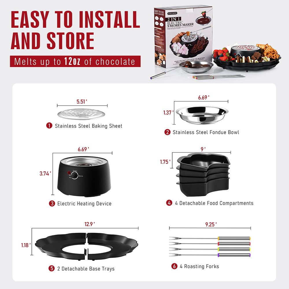 2-in-1 Electric Marshmallow Roaster and Chocolate Fondue Melting Pot with Stainless Steel Grill, Snack Tray and Forks for Cozy Home Gatherings, Date Nights and Holiday Parties (Black)