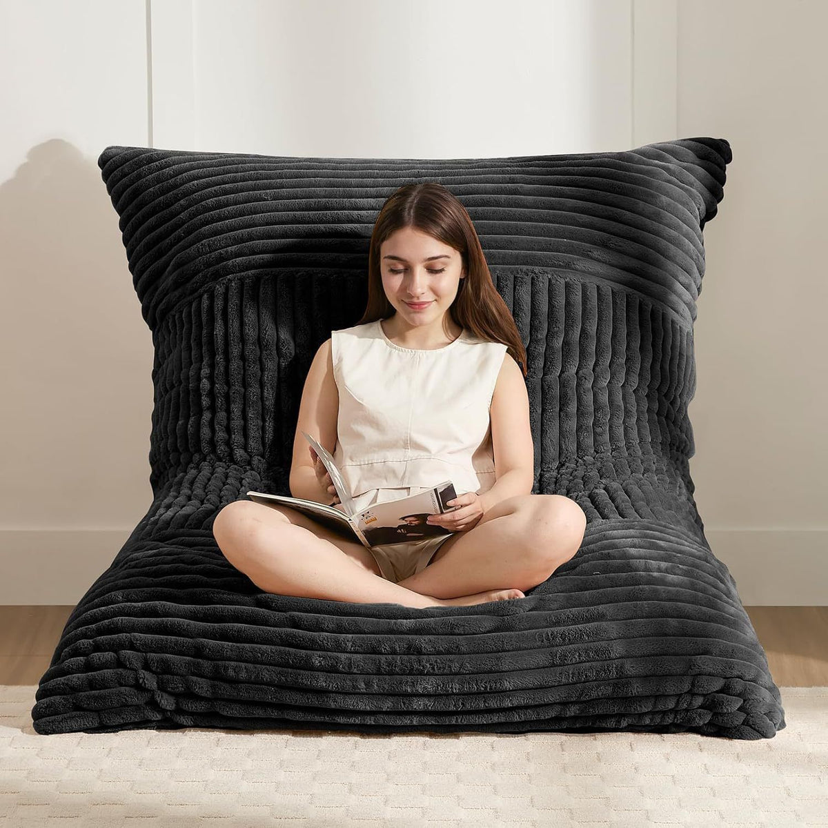 Convertible Bean Bag Sofa Chair with Memory Foam Filling, Adjustable Multi-Position Lounger for Reading, Sleeping, Gaming, and Home Office in Small Apartments and Living Rooms (Black)