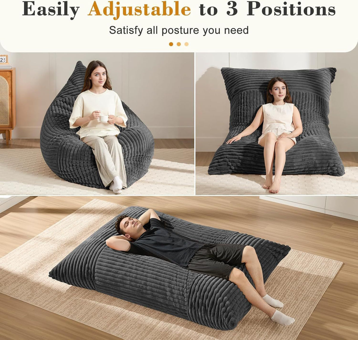 Convertible Bean Bag Sofa Chair with Memory Foam Filling, Adjustable Multi-Position Lounger for Reading, Sleeping, Gaming, and Home Office in Small Apartments and Living Rooms (Black)
