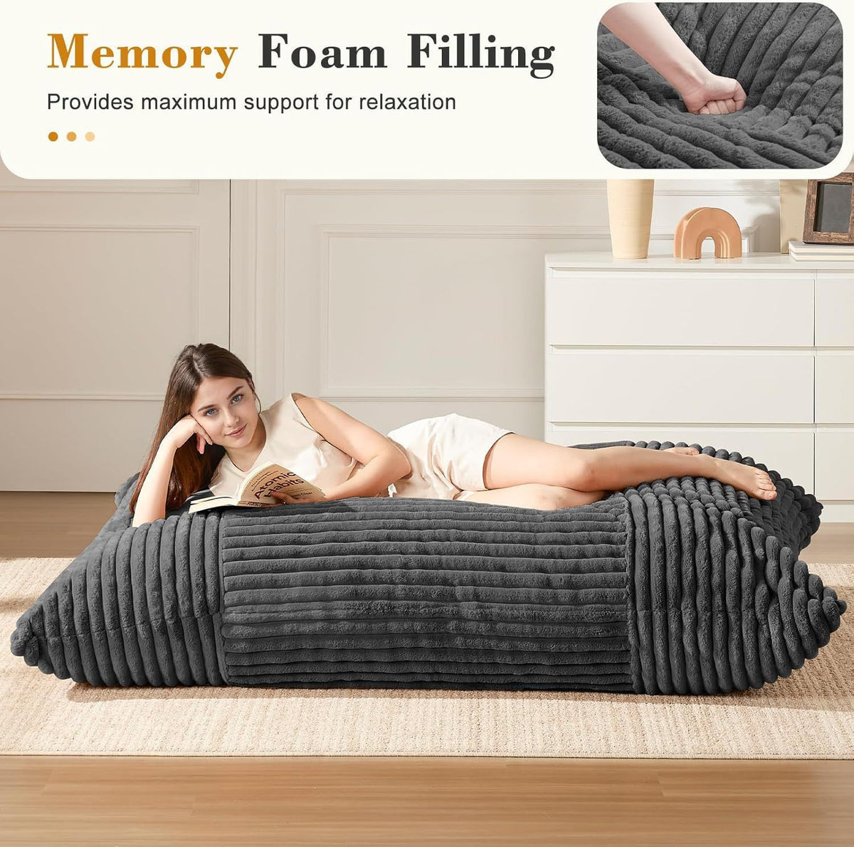 Convertible Bean Bag Sofa Chair with Memory Foam Filling, Adjustable Multi-Position Lounger for Reading, Sleeping, Gaming, and Home Office in Small Apartments and Living Rooms (Black)