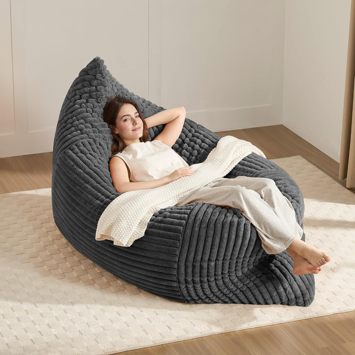 Convertible Bean Bag Sofa Chair with Memory Foam Filling, Adjustable Multi-Position Lounger for Reading, Sleeping, Gaming, and Home Office in Small Apartments and Living Rooms (Black)