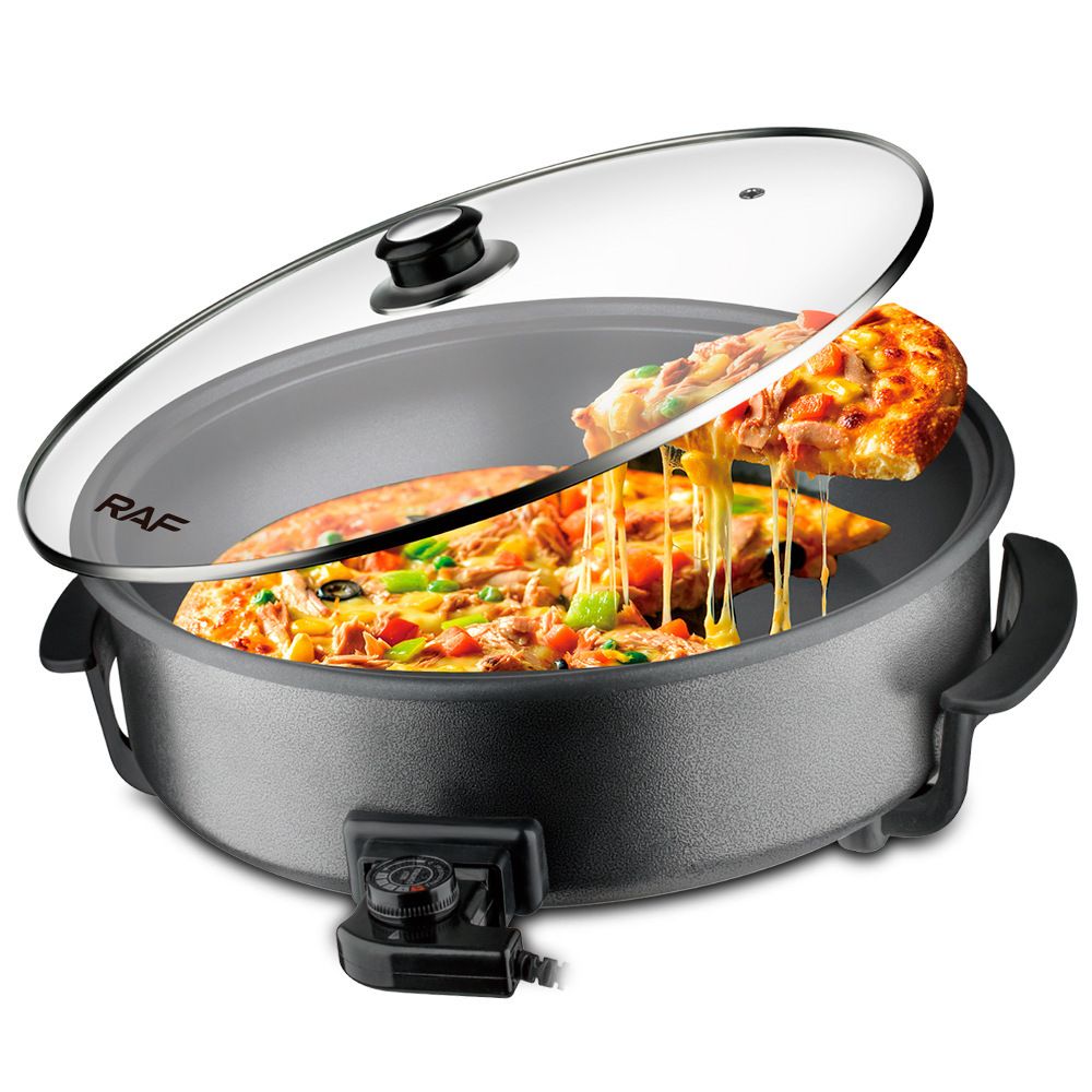 Electric Pizza Pan with Non-Stick Surface and Glass Lid, Adjustable Temperature Control for Home Baking and Grilling (Black)