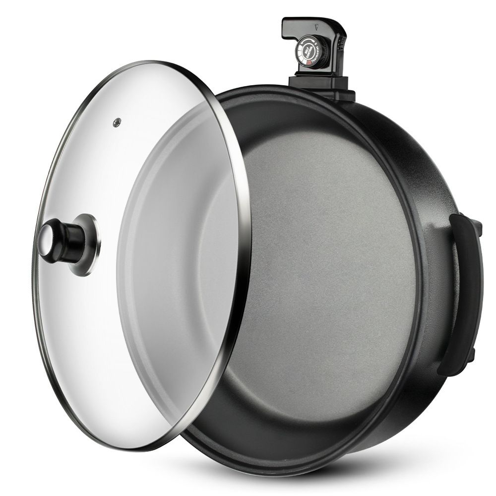 Electric Pizza Pan with Non-Stick Surface and Glass Lid, Adjustable Temperature Control for Home Baking and Grilling (Black)