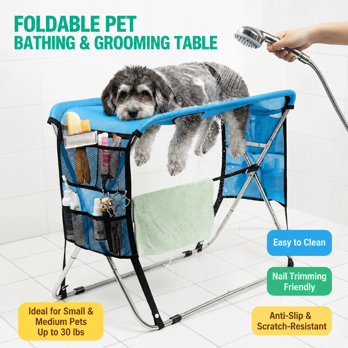 Portable Foldable Pet Grooming Table with Adjustable Restraint Loops – Ideal for Bathing, Drying, Nail Trimming, Ear Cleaning & Full Coat Care for Small to Medium Cats and Dogs (Blue)