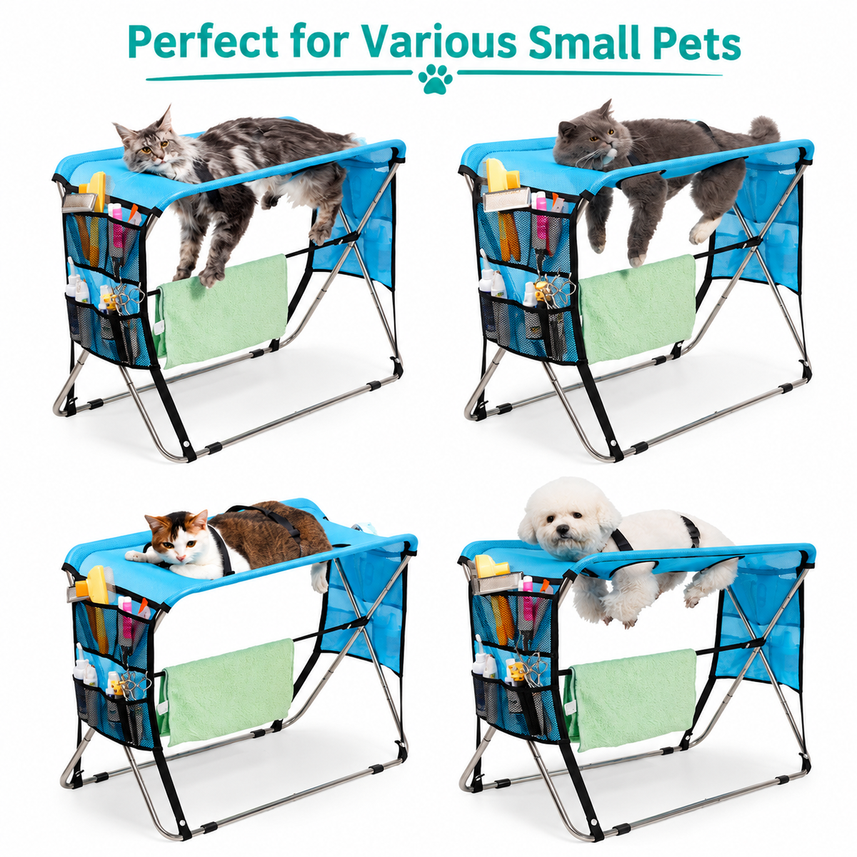 Portable Foldable Pet Grooming Table with Adjustable Restraint Loops – Ideal for Bathing, Drying, Nail Trimming, Ear Cleaning & Full Coat Care for Small to Medium Cats and Dogs (Blue)