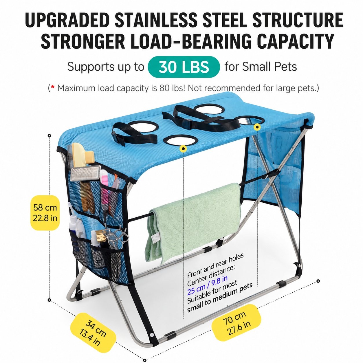 Foldable Pet Grooming Table, Stainless Steel Frame, Mesh Top, Pink Finish