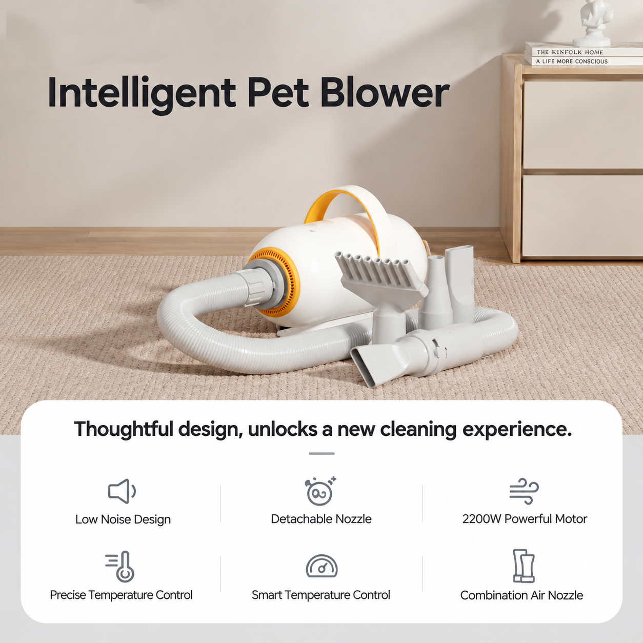 Smart Pet Grooming Dryer with Adjustable Speed Temperature and Replaceable Nozzles for Quick Drying and Loose Hair Removal After Bathing for Cats and Dogs at Home (Single Blow Pet Dryer)