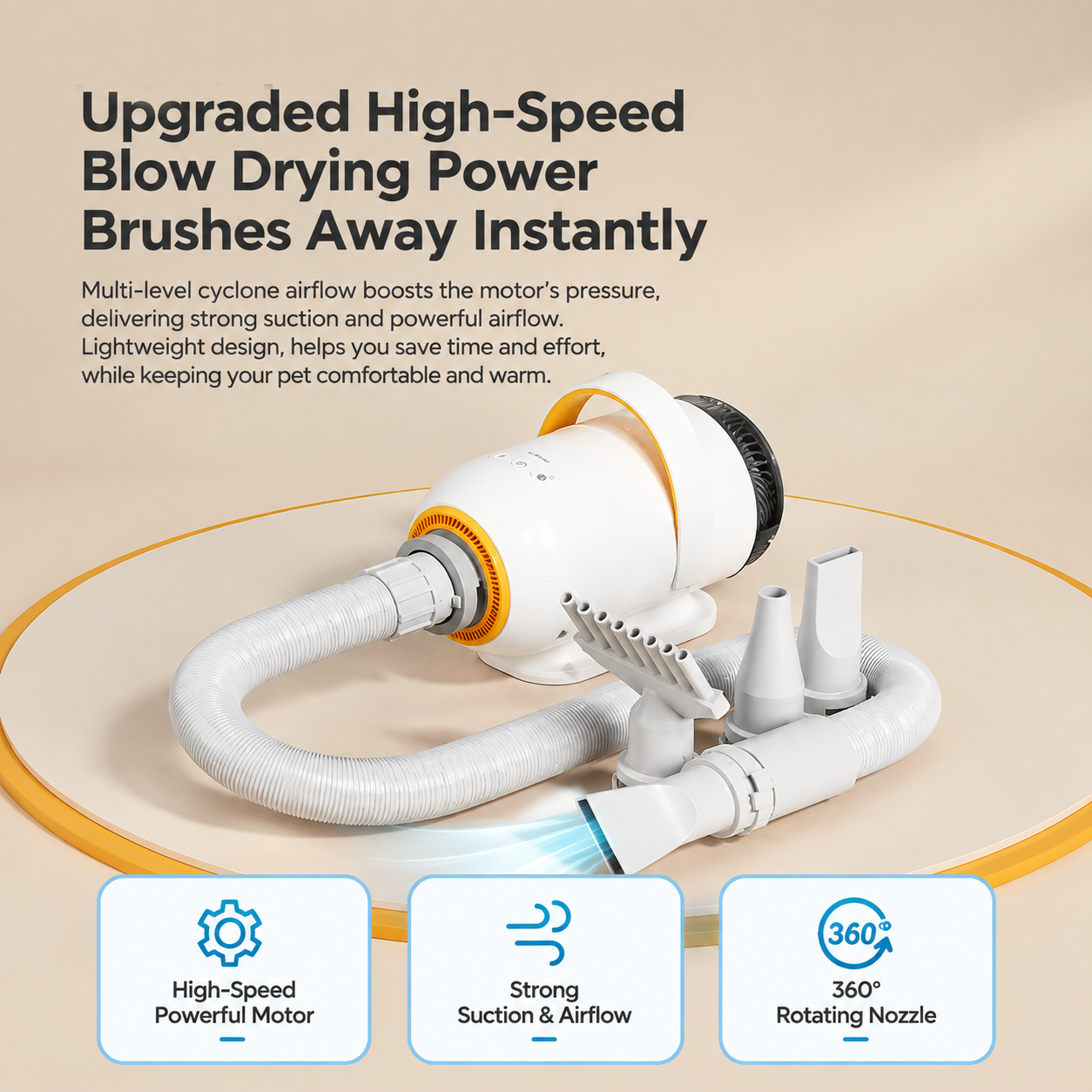 Smart Pet Grooming Dryer with Adjustable Speed Temperature and Replaceable Nozzles for Quick Drying and Loose Hair Removal After Bathing for Cats and Dogs at Home (Single Blow Pet Dryer)