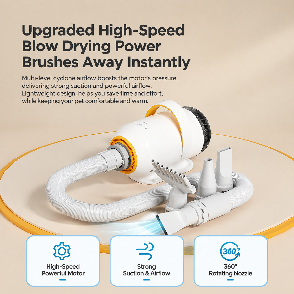 Smart Pet Grooming Dryer with Adjustable Speed Temperature and Replaceable Nozzles for Quick Drying and Loose Hair Removal After Bathing for Cats and Dogs at Home (Upgraded Blow & Suction Pet Dryer)