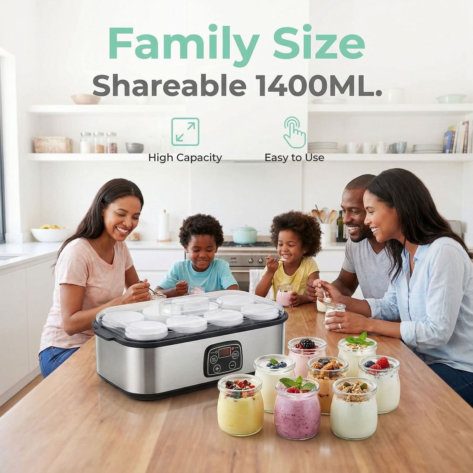 Stainless Steel Home Yogurt Maker with 8 Glass Jars, 1400mL Capacity, Adjustable 20-55°C Temperature & 1-48h Timer for Homemade Yogurt, Smoothie, Jam, and Frozen Yogurt Desserts (Silver)