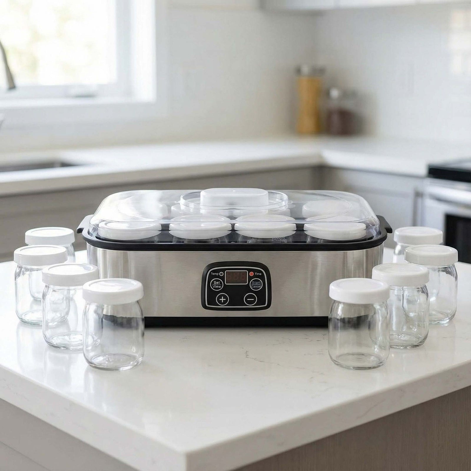 Stainless Steel Home Yogurt Maker with 8 Glass Jars, 1400mL Capacity, Adjustable 20-55°C Temperature & 1-48h Timer for Homemade Yogurt, Smoothie, Jam, and Frozen Yogurt Desserts (Silver)
