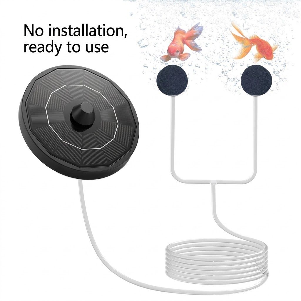Solar-Powered Aquarium Air Pump with 2000mAh Backup Battery, Dual Outlets for Fish Tank, Pond & Landscape Water Feature, Automatic Aeration Day and Night, Cordless Oxygenator for Healthy Aquatic Life (Black)