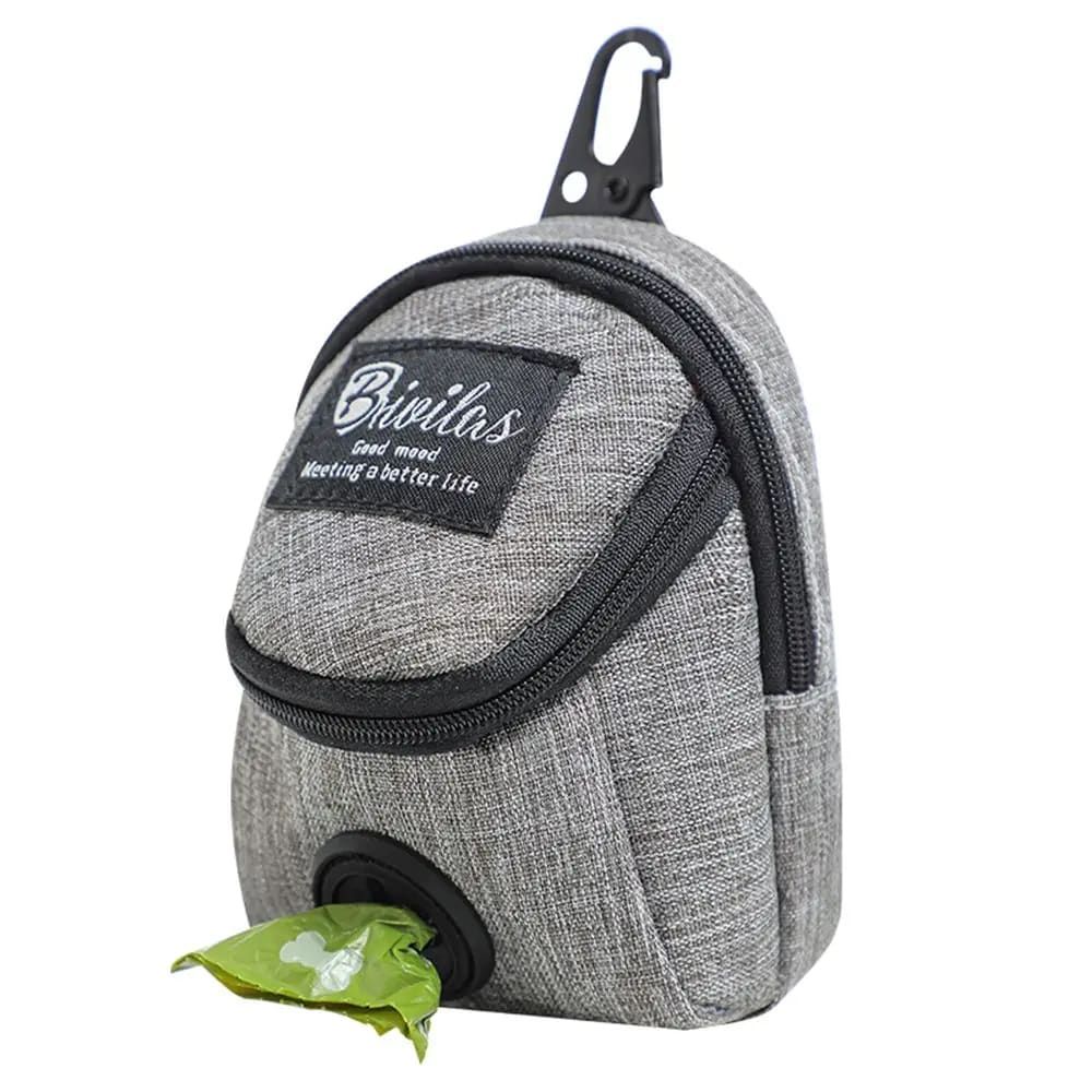 Compact mini backpack dog waste bag holder keeps your hands free during walks and training. Clips to leash or harness, stores rolls of bags plus small treats. Say goodbye to messy pockets. (Grey)