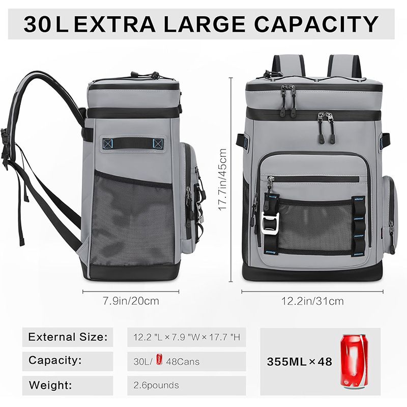 Large Capacity 30L Insulated Cooler Backpack Leakproof Waterproof Thermal Bag for Outdoor Picnic Camping Beach Fishing Travel Hiking and Day Trips (Black)