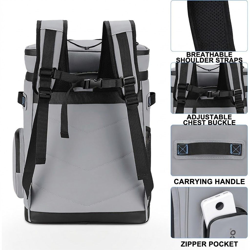 Large Capacity 30L Insulated Cooler Backpack Leakproof Waterproof Thermal Bag for Outdoor Picnic Camping Beach Fishing Travel Hiking and Day Trips (LightGrey)