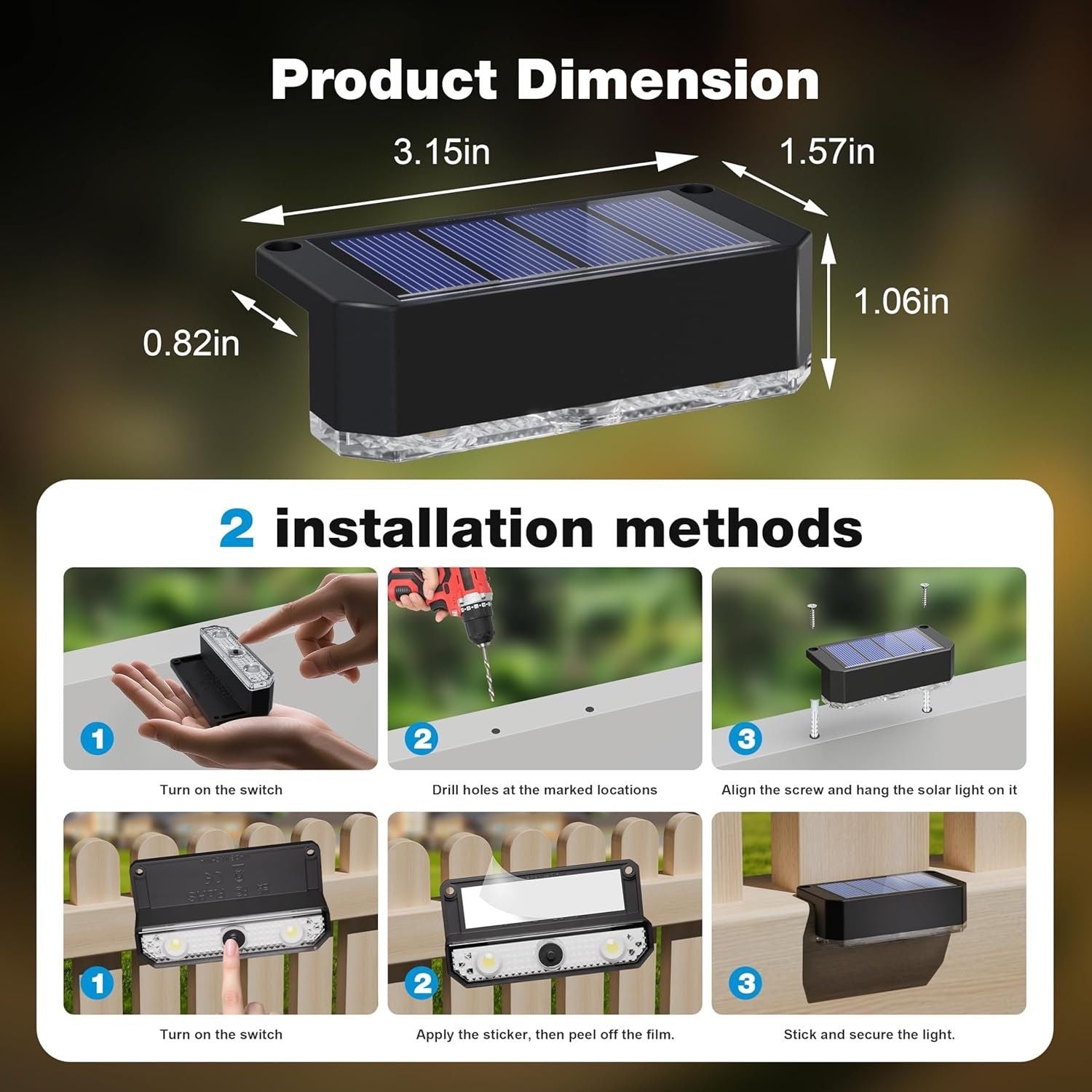 Solar Powered Outdoor Fence Light, Warm White Decorative Garden Rail Light with Auto On/Off, Easy Installation for Patio, Deck, and Yard Illumination (3PCS, WarmLight)