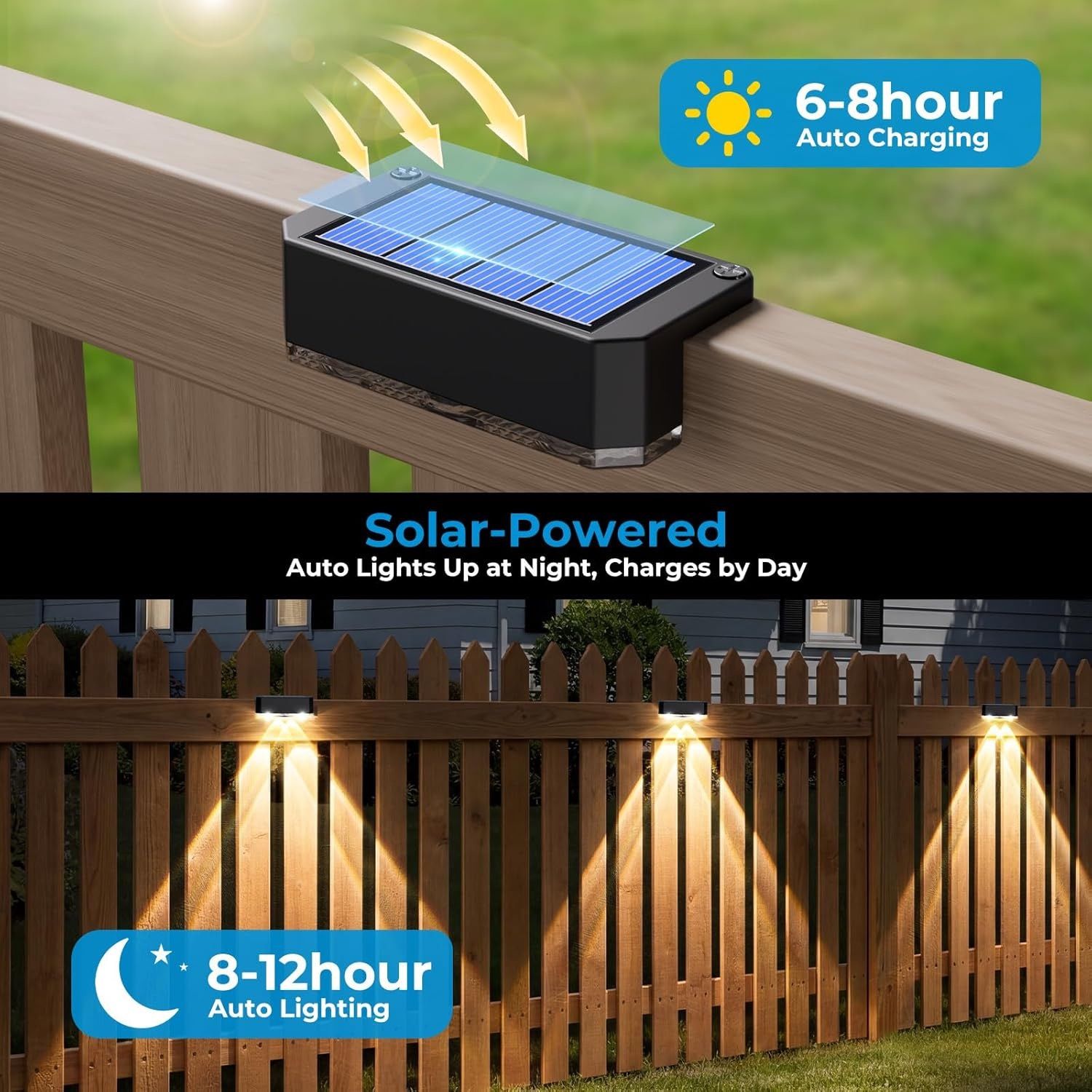 Solar Powered Outdoor Fence Light, Warm White Decorative Garden Rail Light with Auto On/Off, Easy Installation for Patio, Deck, and Yard Illumination (3PCS, WarmLight)