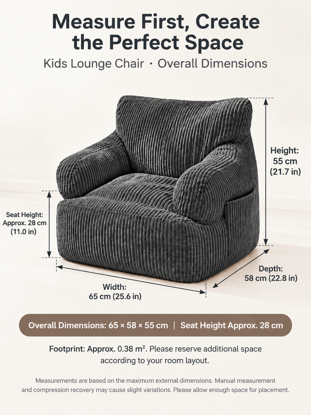 Kids Single Sofa Chair with Corduroy Fabric and Storage Pocket, Cozy Bean Bag Lounger for Children Bedroom and Home Reading Nook (DarkGrey)
