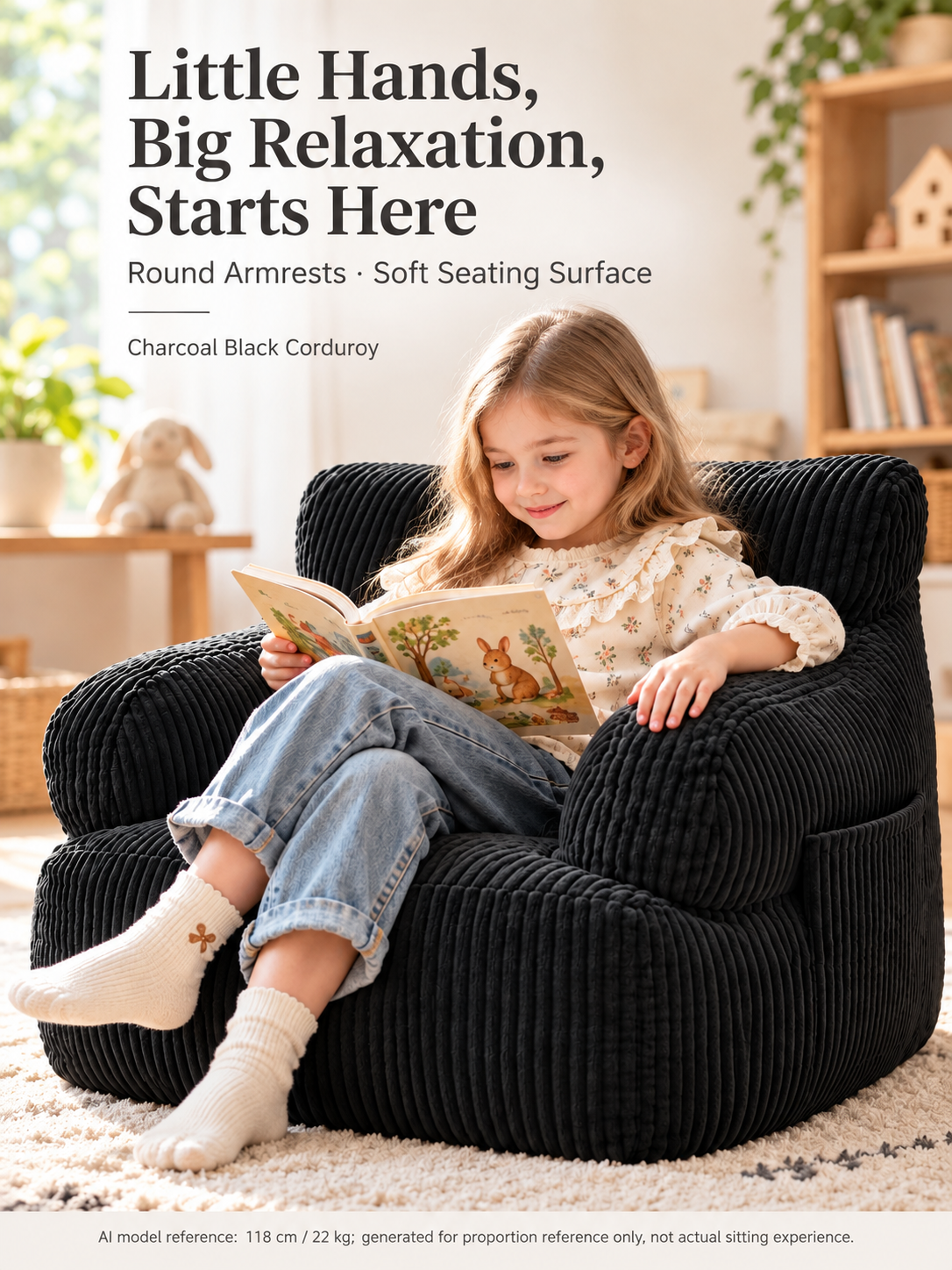 Kids Single Sofa Chair with Corduroy Fabric and Storage Pocket, Cozy Bean Bag Lounger for Children Bedroom and Home Reading Nook (DarkGrey)