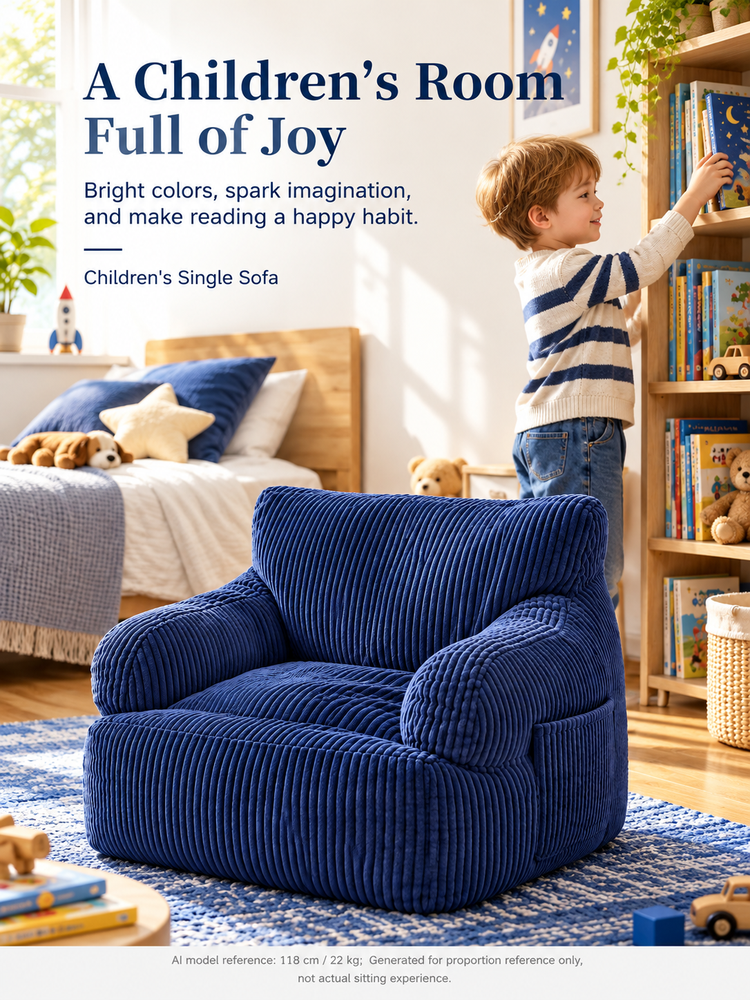 Kids Single Sofa Chair with Corduroy Fabric and Storage Pocket, Cozy Bean Bag Lounger for Children Bedroom and Home Reading Nook (DarkGrey)