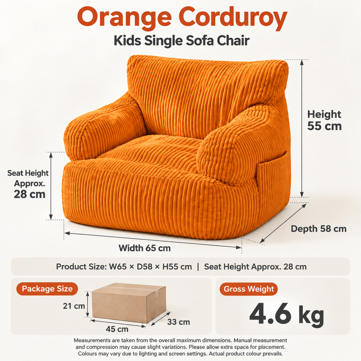 Kids Single Sofa Chair with Corduroy Fabric and Storage Pocket, Cozy Bean Bag Lounger for Children Bedroom and Home Reading Nook (DarkGrey)