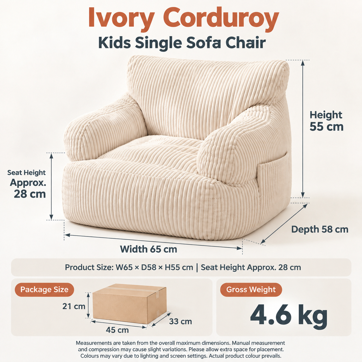 Kids Single Sofa Chair with Corduroy Fabric and Storage Pocket, Cozy Bean Bag Lounger for Children Bedroom and Home Reading Nook (DarkGrey)