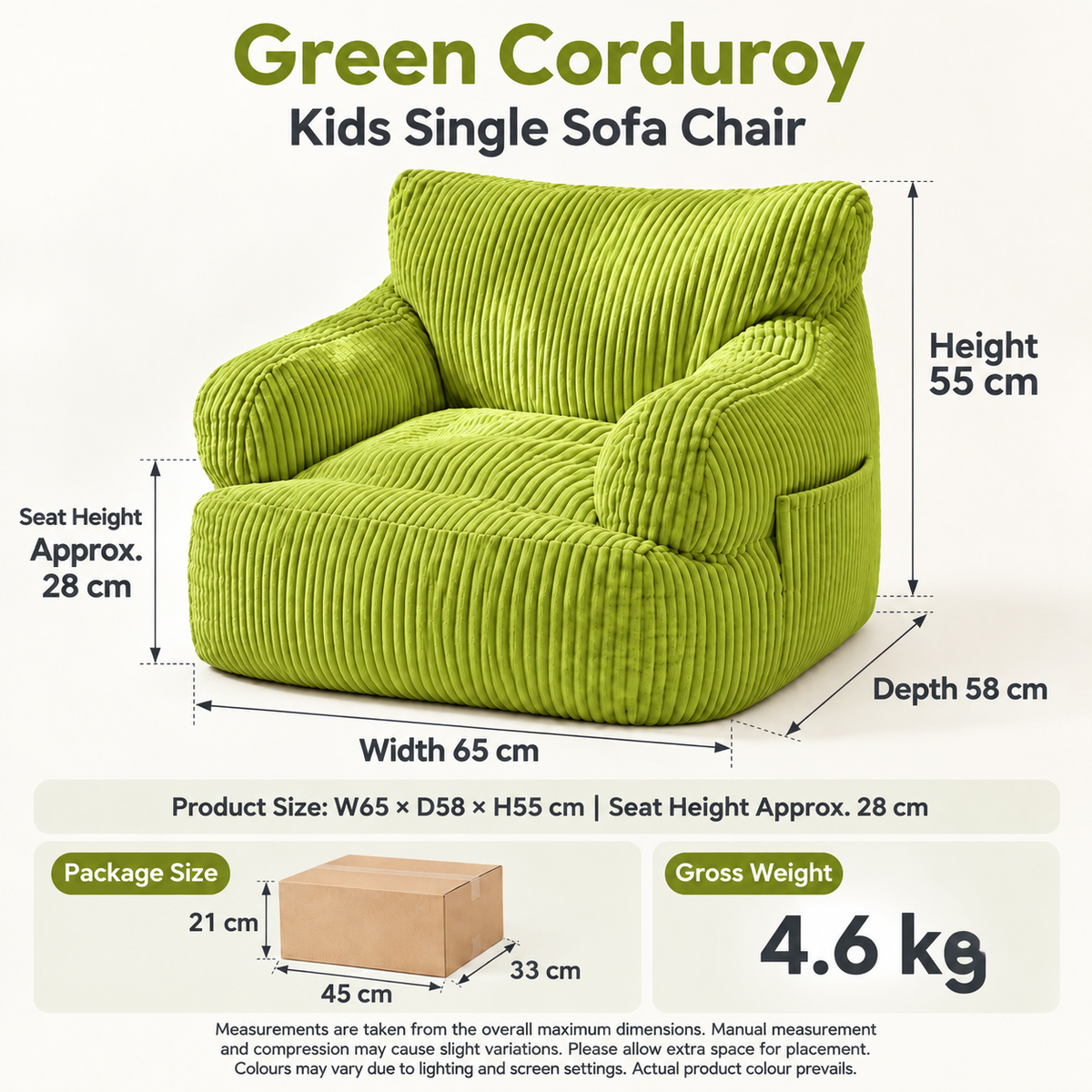 Kids Single Sofa Chair with Corduroy Fabric and Storage Pocket, Cozy Bean Bag Lounger for Children Bedroom and Home Reading Nook (DarkGrey)