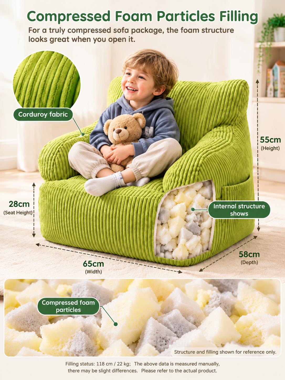 Kids Single Sofa Chair with Corduroy Fabric and Storage Pocket, Cozy Bean Bag Lounger for Children Bedroom and Home Reading Nook (Ivory)