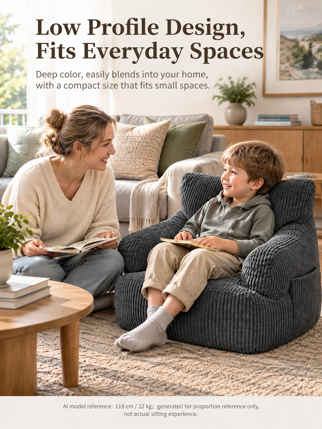 Kids Single Sofa Chair with Corduroy Fabric and Storage Pocket, Cozy Bean Bag Lounger for Children Bedroom and Home Reading Nook (Ivory)