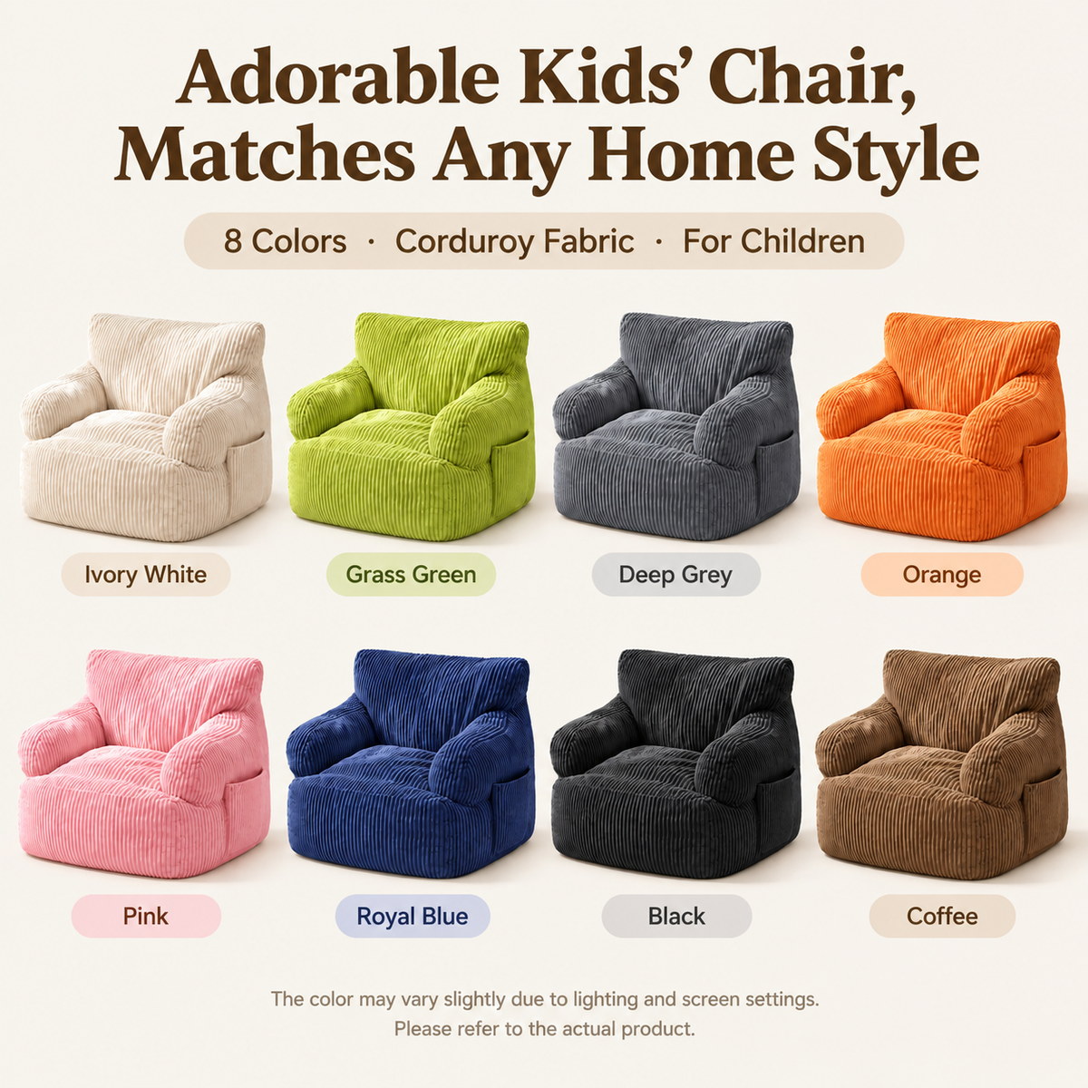 Kids Single Sofa Chair with Corduroy Fabric and Storage Pocket, Cozy Bean Bag Lounger for Children Bedroom and Home Reading Nook (Ivory)
