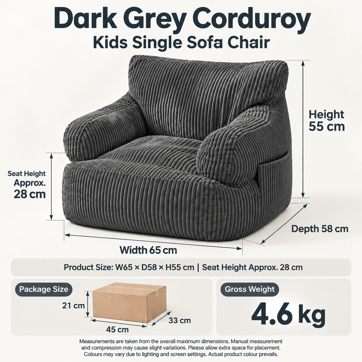 Kids Single Sofa Chair with Corduroy Fabric and Storage Pocket, Cozy Bean Bag Lounger for Children Bedroom and Home Reading Nook (Ivory)