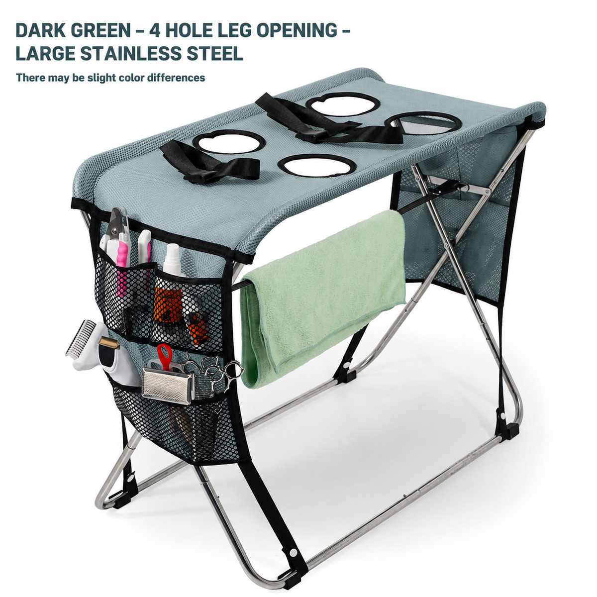 Foldable Pet Grooming Table with Stainless Steel Frame and Breathable Mesh Surface for Bathing Nail Trimming Hair Drying Ear Cleaning and Daily Coat Care at Home or Outdoors (6 Hole Black (Large))