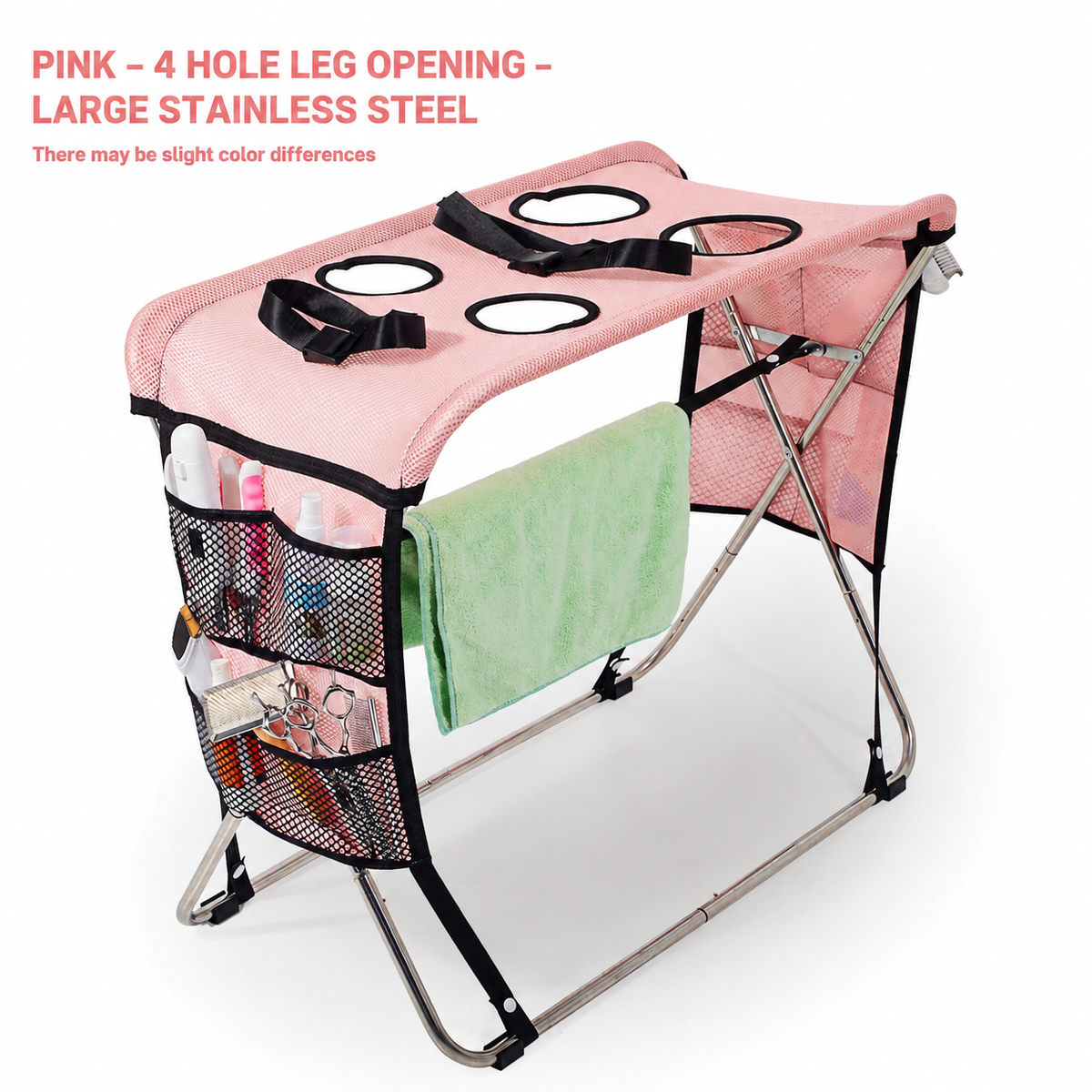 Foldable Pet Grooming Table with Stainless Steel Frame and Breathable Mesh Surface for Bathing Nail Trimming Hair Drying Ear Cleaning and Daily Coat Care at Home or Outdoors (6 Hole Black (Large))