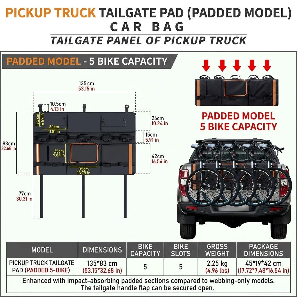Heavy-Duty Pickup Tailgate Bike Pad with Cushion Layer, Scratch-Proof Protective Cover for Outdoor Cycling Adventures, Secure Fit for 1, 4, or 5 Bikes, Reflective Trim for Safety, Easy Access Handle and Camera Cutout, Ideal for Road Trips and Weekend Ridi