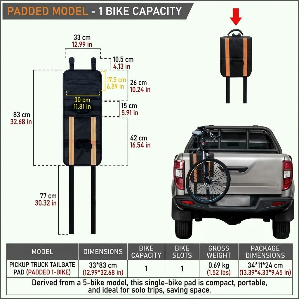 Heavy-Duty Pickup Tailgate Bike Pad with Cushion Layer, Scratch-Proof Protective Cover for Outdoor Cycling Adventures, Secure Fit for 1, 4, or 5 Bikes, Reflective Trim for Safety, Easy Access Handle and Camera Cutout, Ideal for Road Trips and Weekend Ridi
