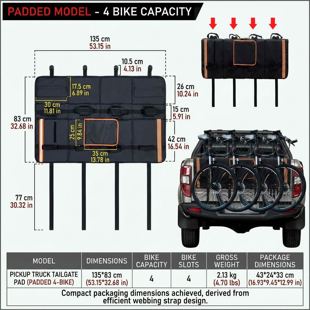 Heavy-Duty Pickup Tailgate Bike Pad with Cushion Layer, Scratch-Proof Protective Cover for Outdoor Cycling Adventures, Secure Fit for 1, 4, or 5 Bikes, Reflective Trim for Safety, Easy Access Handle and Camera Cutout, Ideal for Road Trips and Weekend Ridi