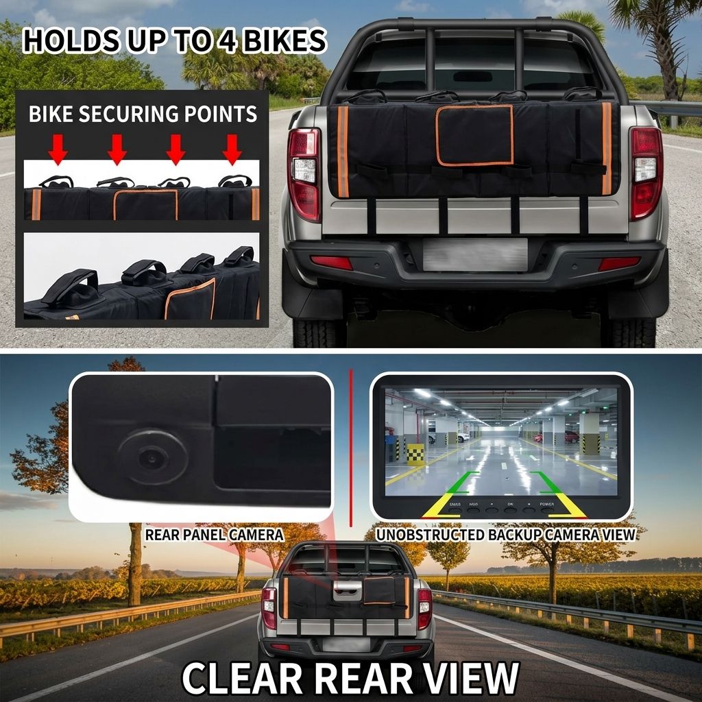 Heavy-Duty Pickup Tailgate Bike Pad with Cushion Layer, Scratch-Proof Protective Cover for Outdoor Cycling Adventures, Secure Fit for 1, 4, or 5 Bikes, Reflective Trim for Safety, Easy Access Handle and Camera Cutout, Ideal for Road Trips and Weekend Ridi