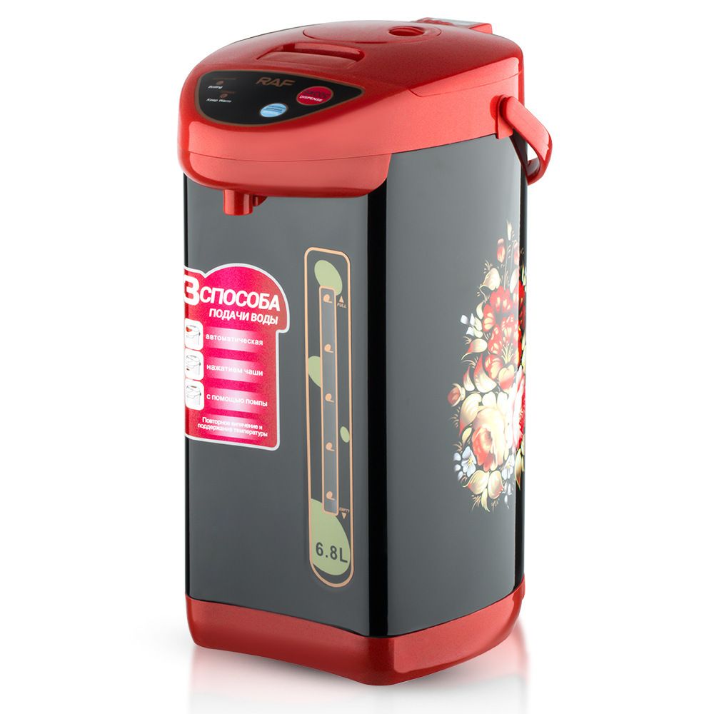 6.8L Electric Thermostatic Hot Water Boiler with Stainless Steel Interior, Floral Pattern, Keep Warm Function for Home and Small Office Daily Hot Water Use (Red)