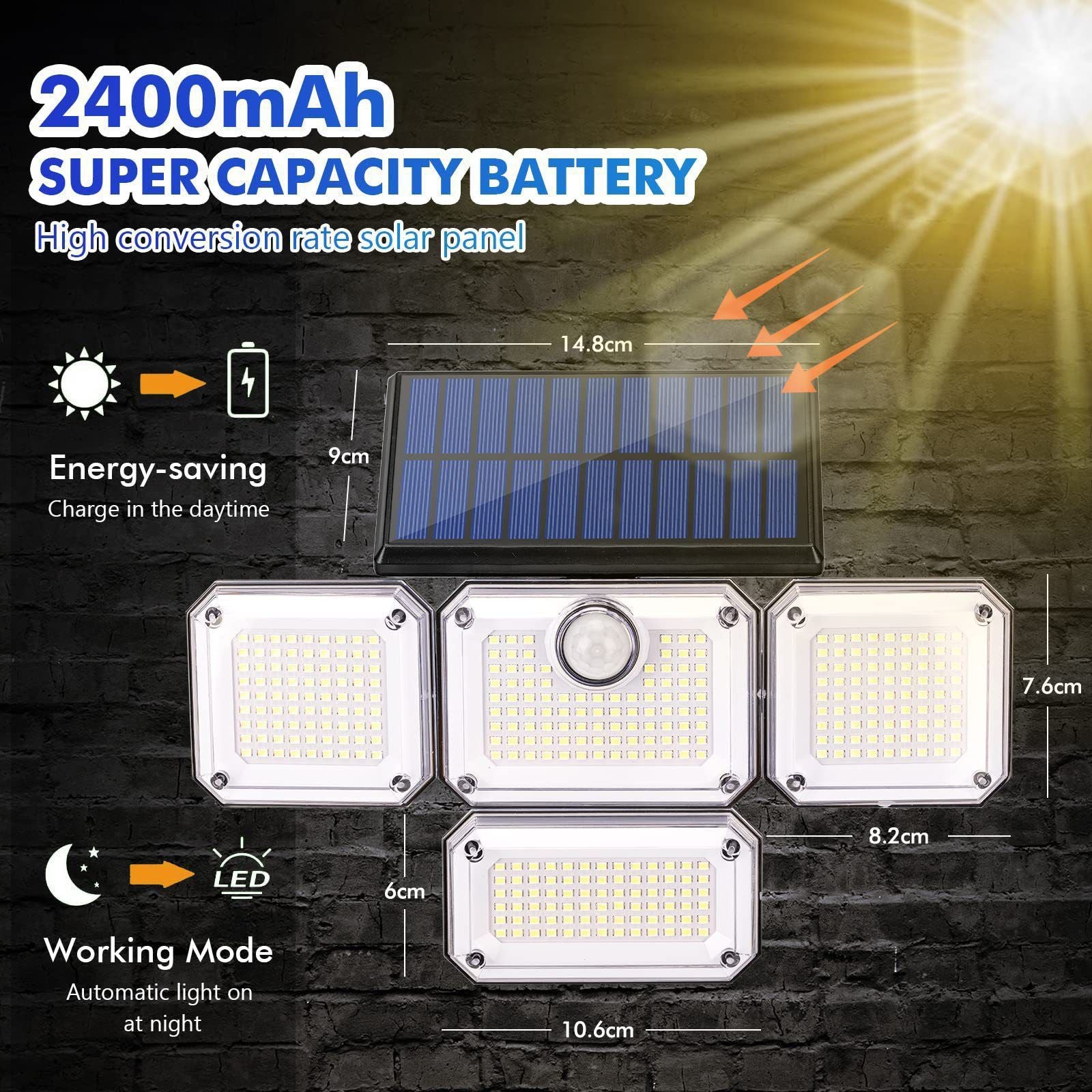 Brighten your outdoors with this four-head solar motion sensor wall light, featuring 333 super-bright LEDs, adjustable panels, and a separate solar panel for flexible installation. Perfect for front doors, garages, patios, and pathways, it delivers powerf