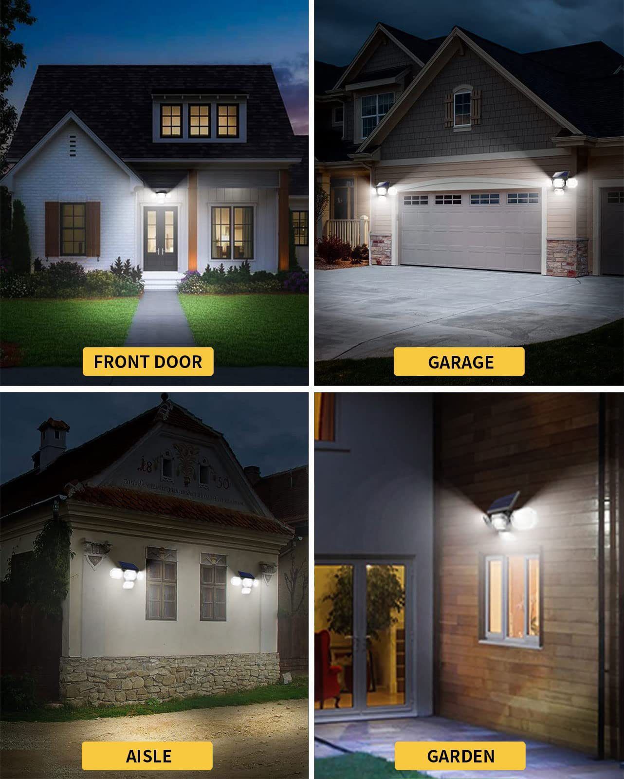 Brighten your outdoors with this four-head solar motion sensor wall light, featuring 333 super-bright LEDs, adjustable panels, and a separate solar panel for flexible installation. Perfect for front doors, garages, patios, and pathways, it delivers powerf
