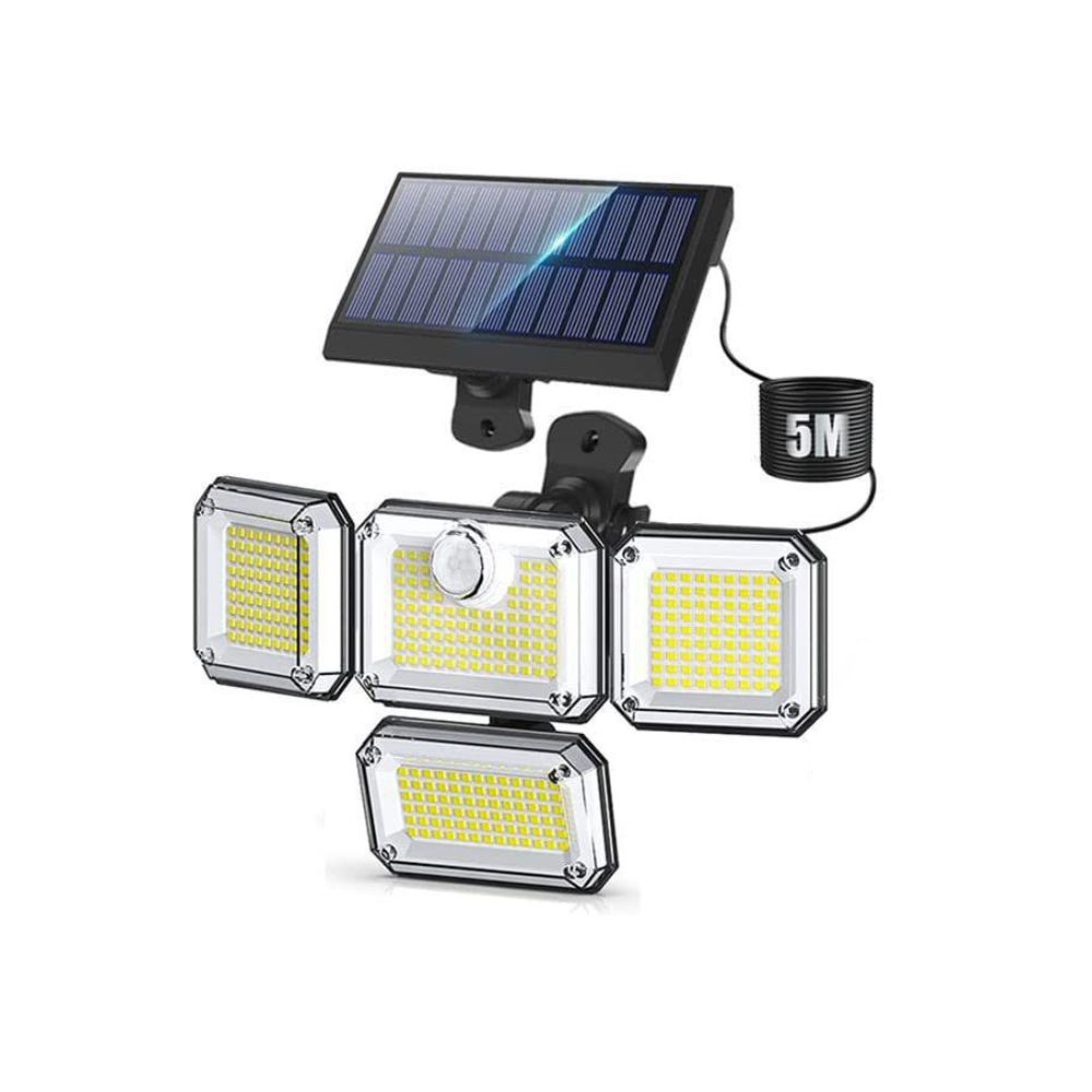 Brighten your outdoors with this four-head solar motion sensor wall light, featuring 333 super-bright LEDs, adjustable panels, and a separate solar panel for flexible installation. Perfect for front doors, garages, patios, and pathways, it delivers powerf