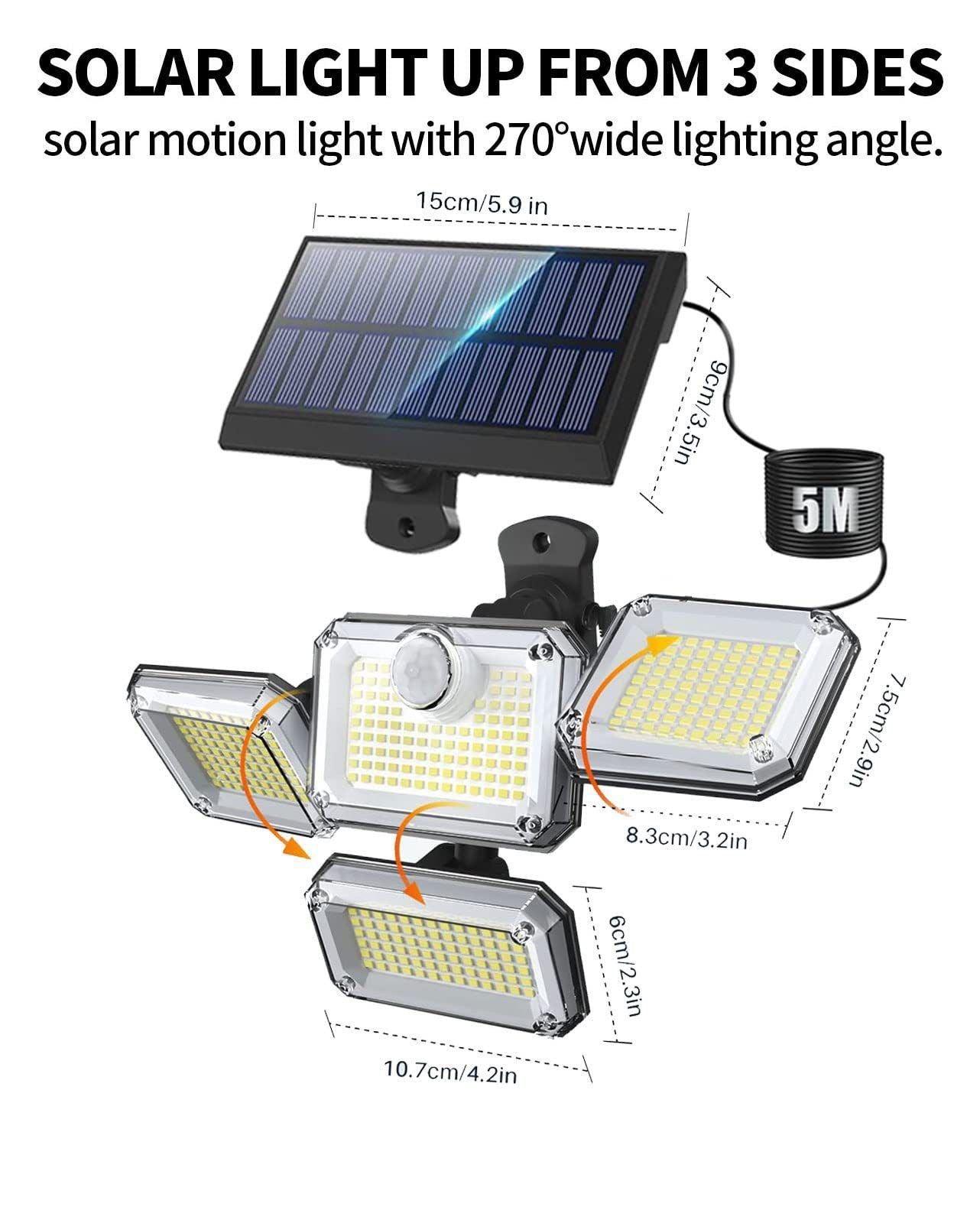 Brighten your outdoors with this four-head solar motion sensor wall light, featuring 333 super-bright LEDs, adjustable panels, and a separate solar panel for flexible installation. Perfect for front doors, garages, patios, and pathways, it delivers powerf