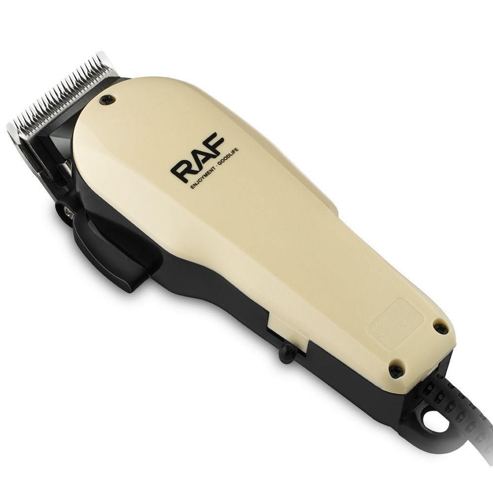 Professional Plug-In Electric Hair Clipper with Stainless Steel Blade for Barbershop and Home Self-Grooming, Trimming, Fading, and Engraving (Beige)