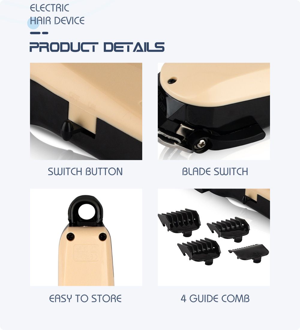 Professional Plug-In Electric Hair Clipper with Stainless Steel Blade for Barbershop and Home Self-Grooming, Trimming, Fading, and Engraving (Beige)